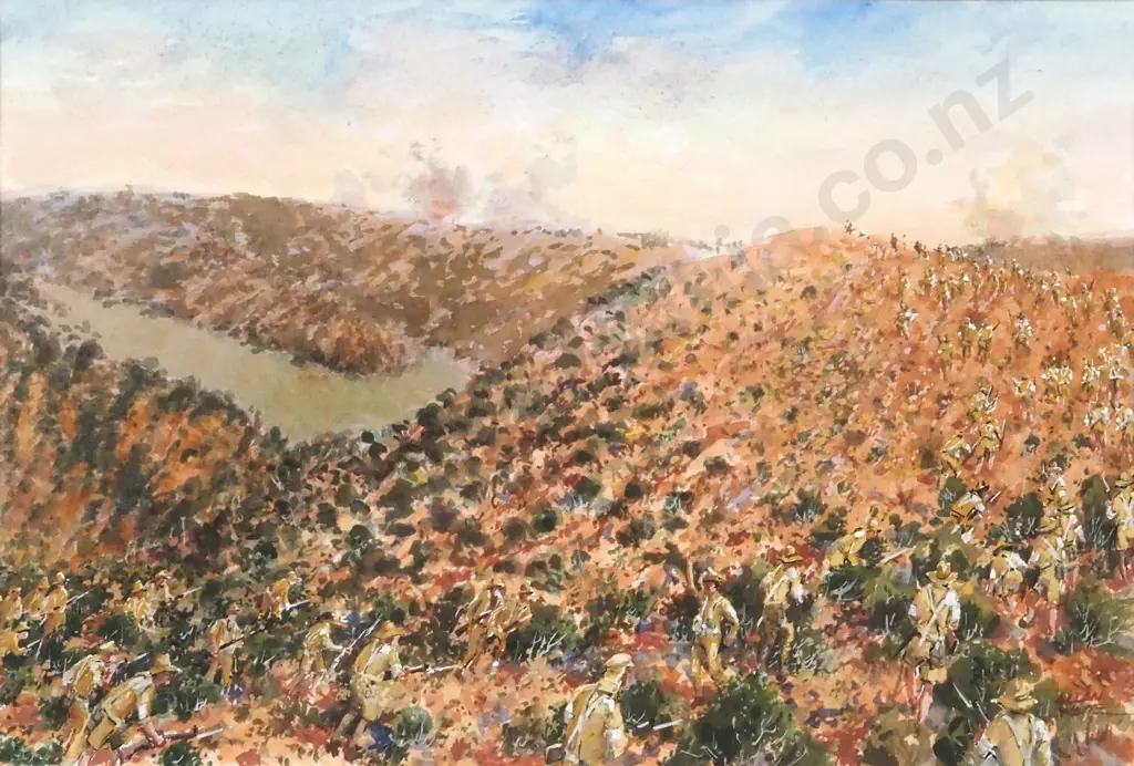 Allan Waite. New Zealanders Approaching the Apex 7 August, 1915. Watercolour. Image 1++