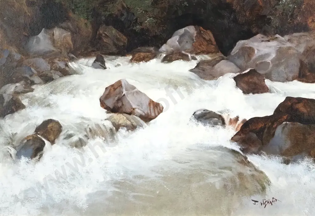 J Wishhart. Tutuko River, Fiordland. Oil on Board. Image 1++