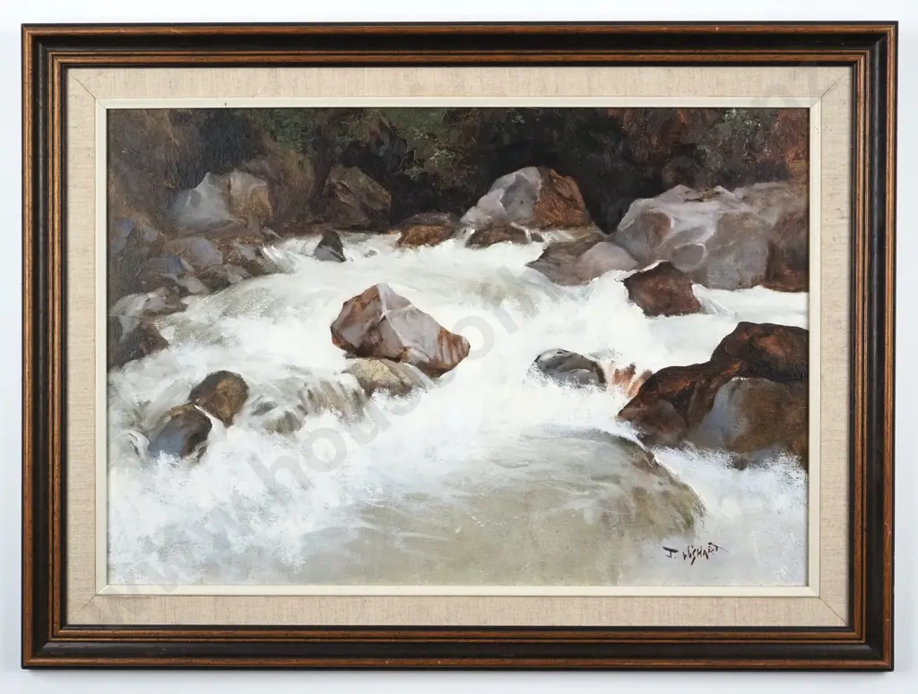 J Wishhart. Tutuko River, Fiordland. Oil on Board. Image 1++