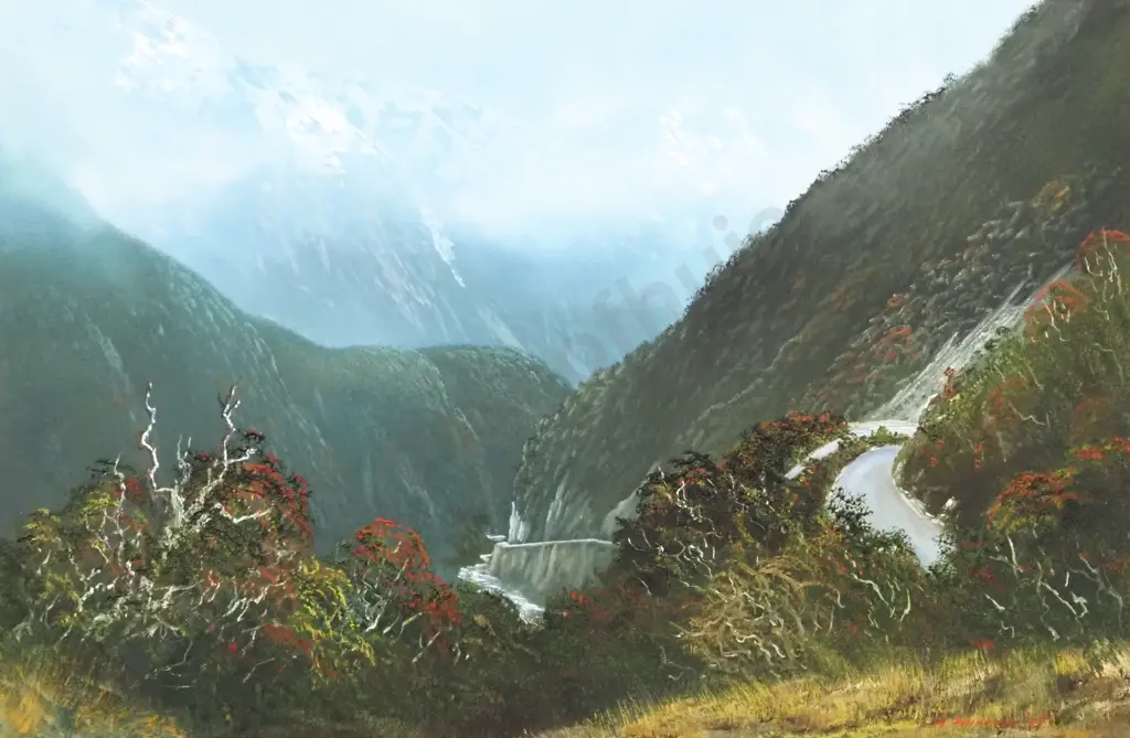 Michael Finnerty. Otira Gorge With Rata. Oil On Board. Image 1++