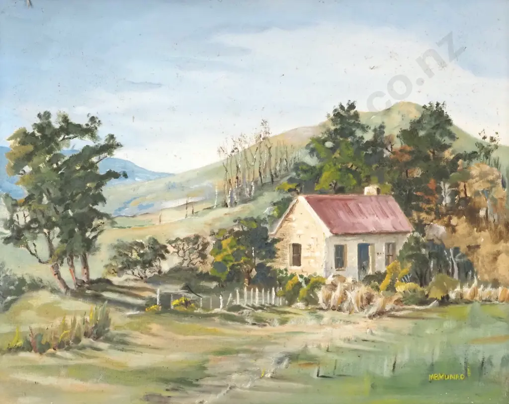 M.B. Munro. 1968. View Arrowtown. Oil on Board. Image 1++