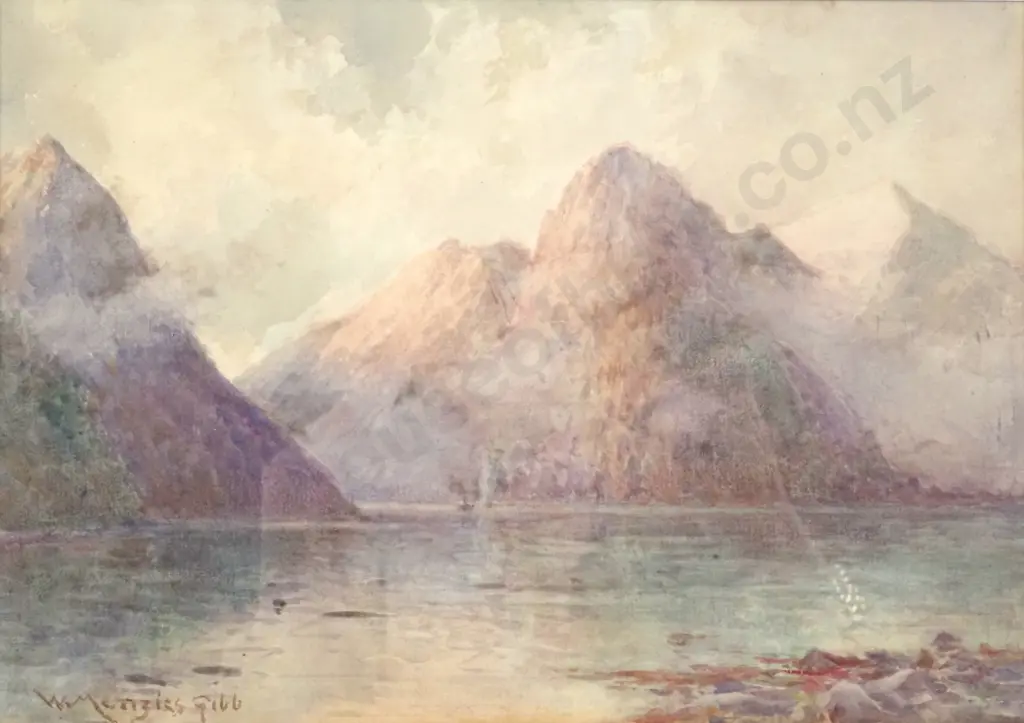 W. Menzies Gibb. Milford Sound. Watercolour. Image 1++