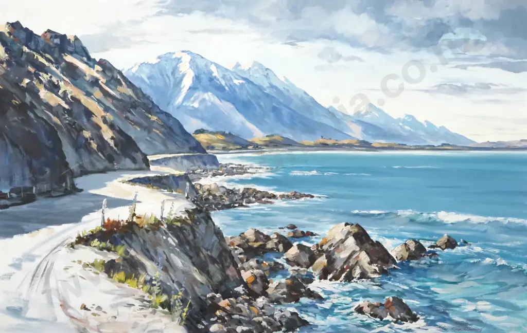 Aston  Greathead. Nearing the Kaikoura River, Kaikoura Coast. Oil On Board. Image 1++