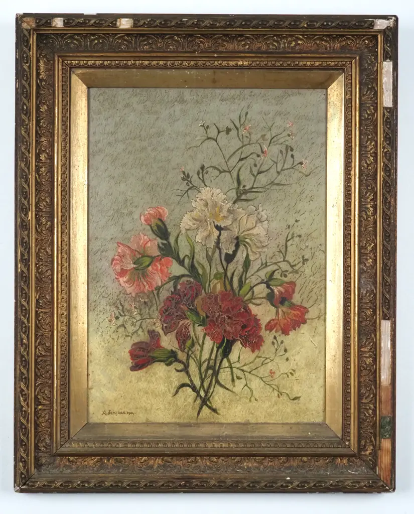 A. Jacques. 1904. Still Life - Flowers. Oil on Board. Image 1++