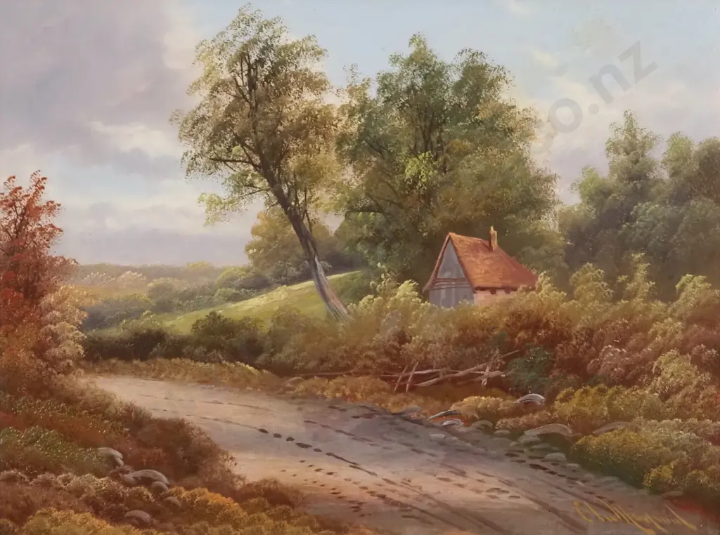 Signature Undecipherable. Country Scene w Cottage. Oil on Board. Image 1++