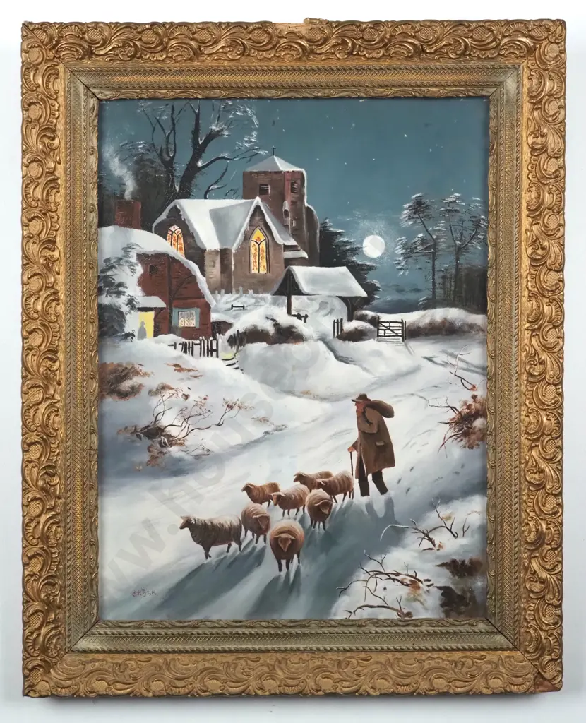 C. Hoyle. Shepherd in Snowy Winter Scene. Oil on Board. Image 1++