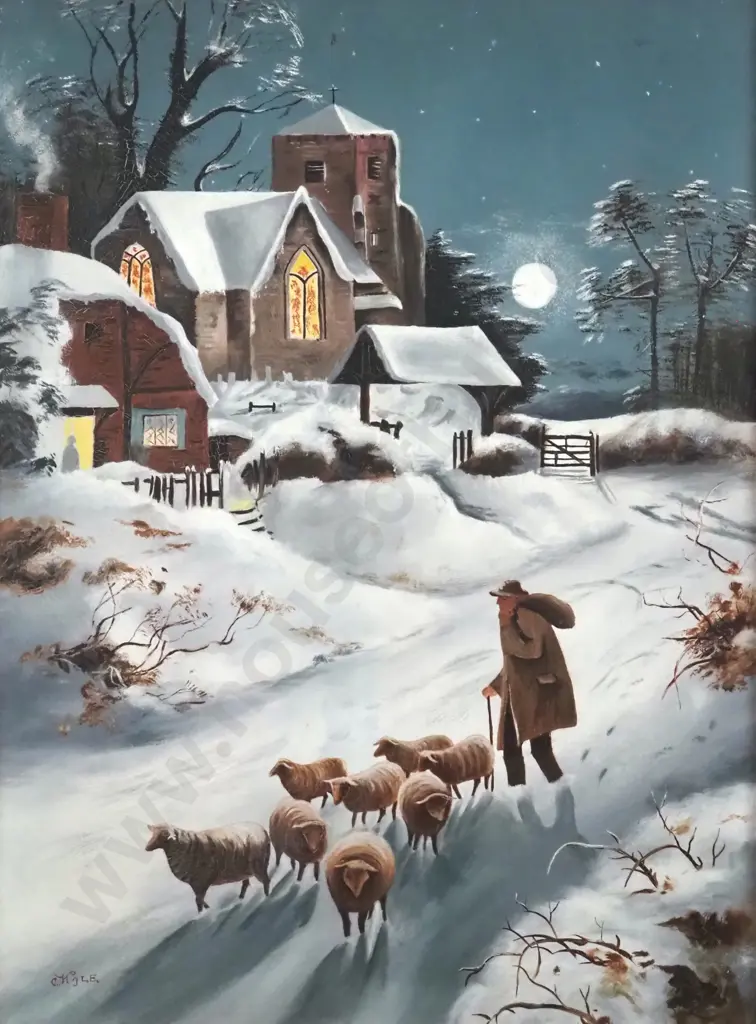 C. Hoyle. Shepherd in Snowy Winter Scene. Oil on Board. Image 1++