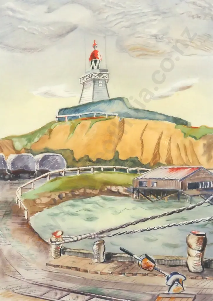 Barbara Blakemore Fowler. 1959. Landscape w Lighthouse. Watercolour. Image 1++
