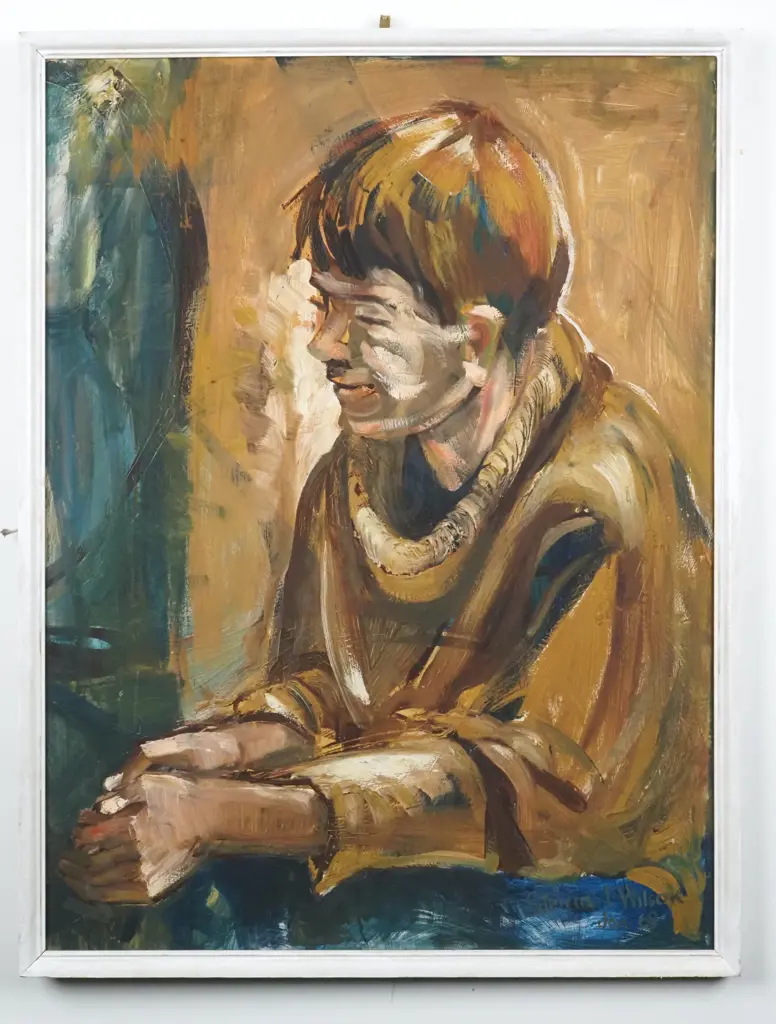 Patricia Wilson. Possibly 1968. Smiling Boy. Oil on Board. Image 1++