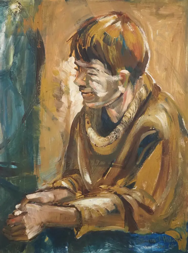 Patricia Wilson. Possibly 1968. Smiling Boy. Oil on Board. Image 1++