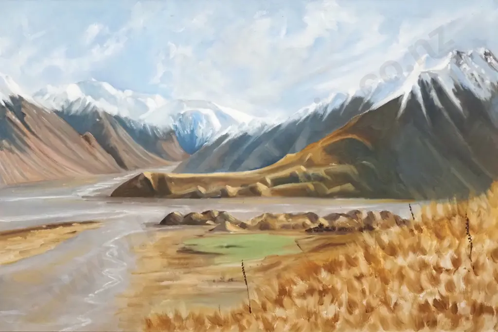 Colin Macintosh. Erewhon, Rangatata River. Oil/Acrylic on Board. Image 1++