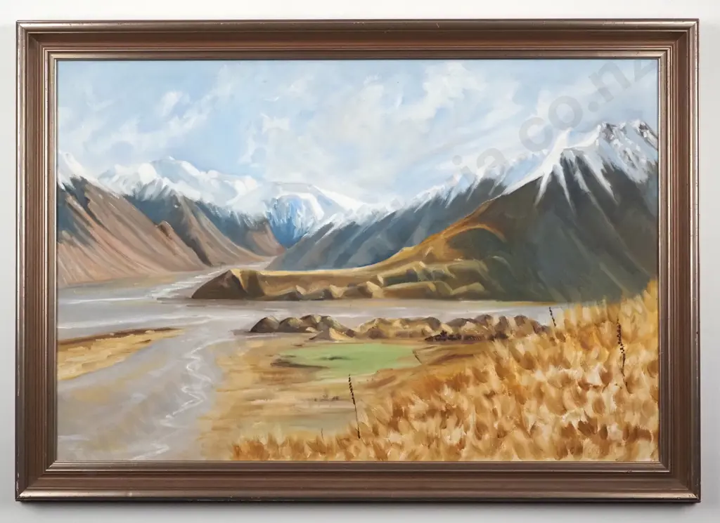 Colin Macintosh. Erewhon, Rangatata River. Oil/Acrylic on Board. Image 1++