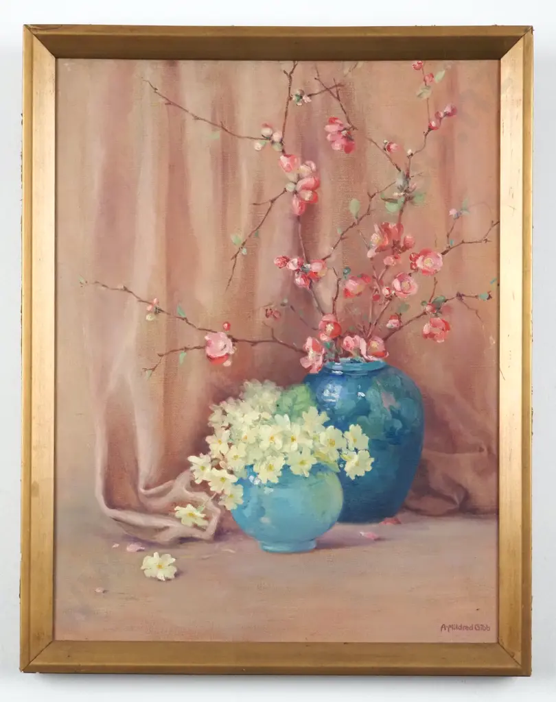 Anne Mildred Gibb. Primoses & Japonica. Oil on Canvas. Image 1++