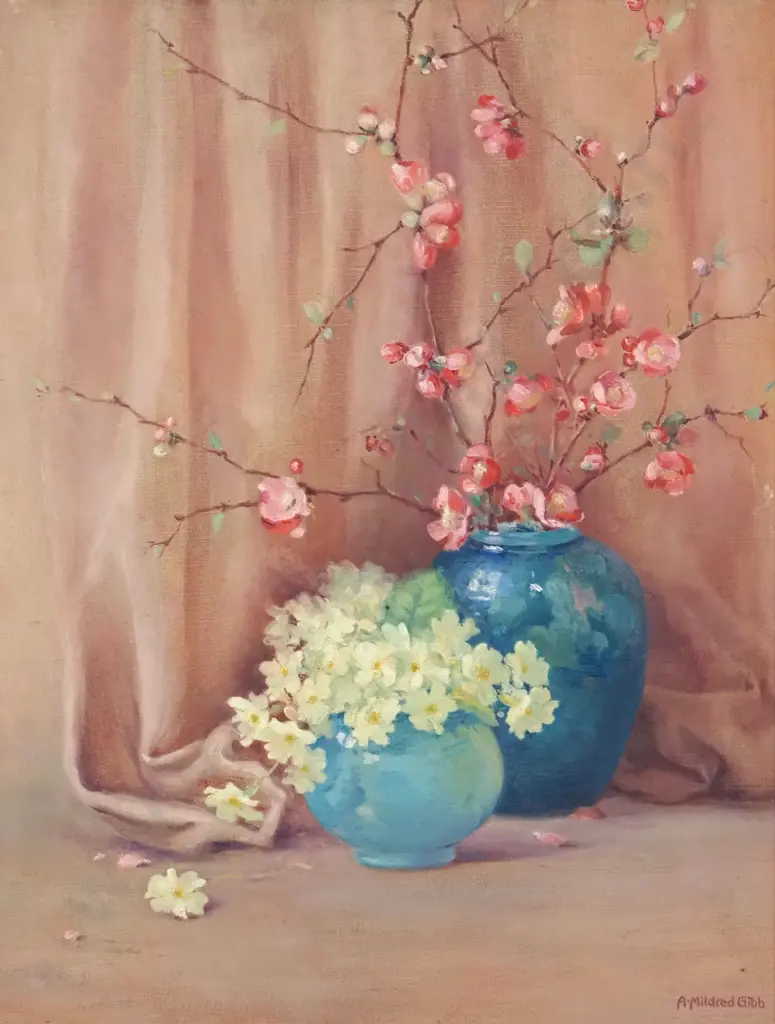 Anne Mildred Gibb. Primoses & Japonica. Oil on Canvas. Image 1++