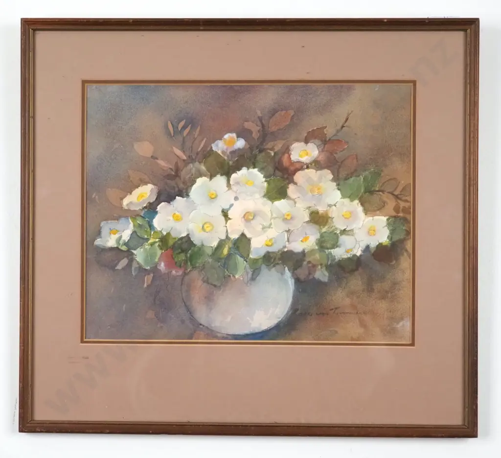 Kath Von Tunzelmann. Still Life w Flowers. Watercolour. Image 1++