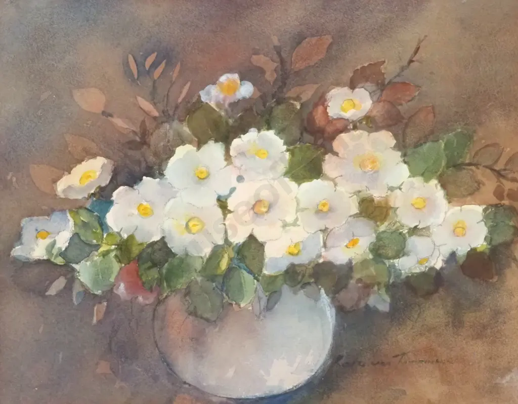 Kath Von Tunzelmann. Still Life w Flowers. Watercolour. Image 1++