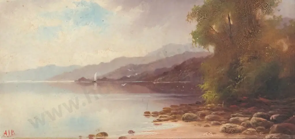 A.J.B. Lake Scene.  Oil on Board. Image 1++