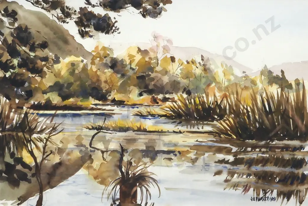 Jill Parker. 1989. Mirror Lake, West Coast. Watercolour. Image 1++
