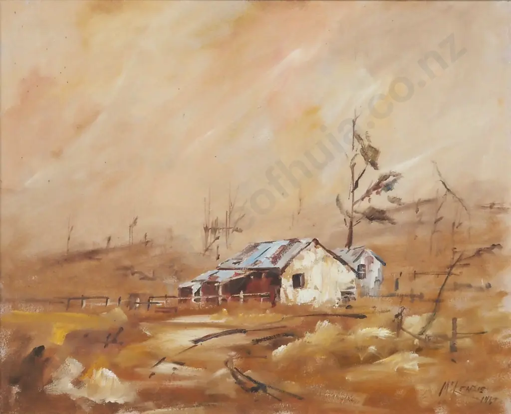 MCKenzie. 1962. Old Shearing Shed, Bannockburn, Central Otago. Oil on Board. Image 1++
