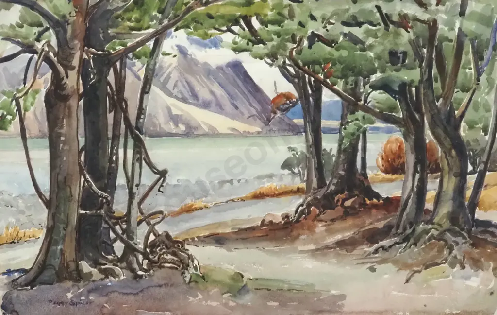 Peggy Spicer. Lake Ohau, South Island, N.Z. Watercolour. Image 1++