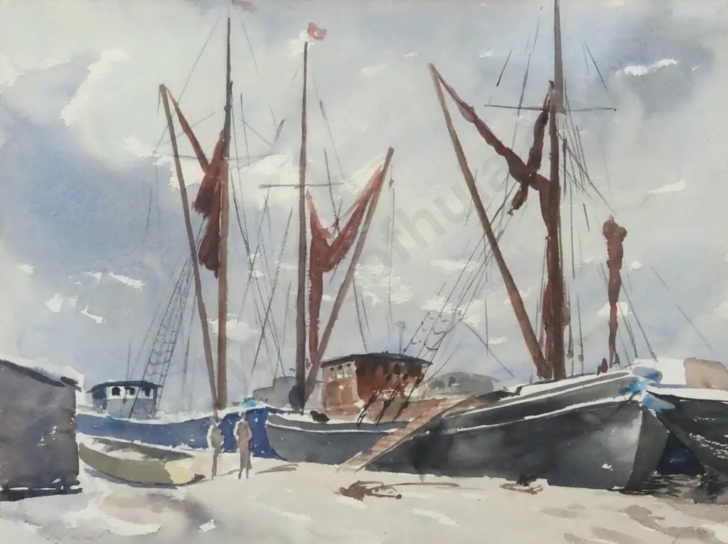 G.A. Genet. Thames Barges at Maldon Essex. Watercolour. Image 1++