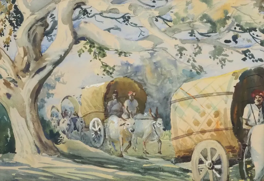 Unsigned Indian School. Circa 1960. Country Scene w Bullocks & Carts. Watercolour. Image 1++