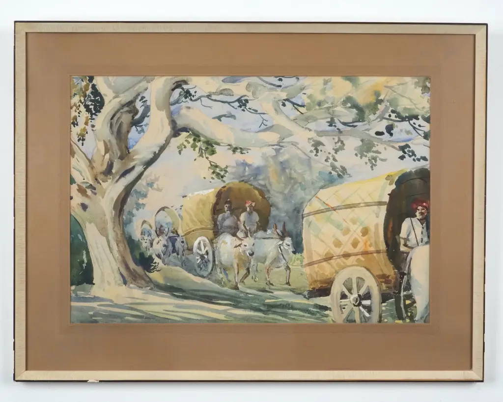 Unsigned Indian School. Circa 1960. Country Scene w Bullocks & Carts. Watercolour. Image 1++