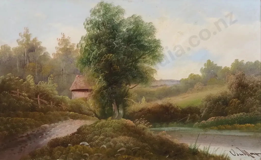 Signature Undecipherable. Country Scene w Cottage. Oil on Board. Image 1++