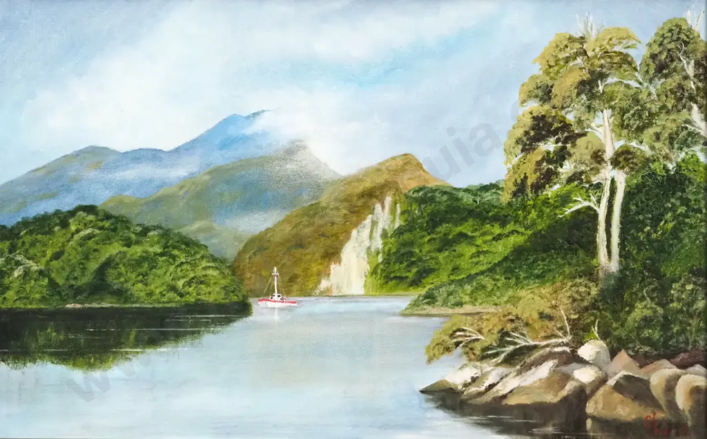 S Wells. Fairlie Harbour. Resolution Island. Oil on Board. Image 1++