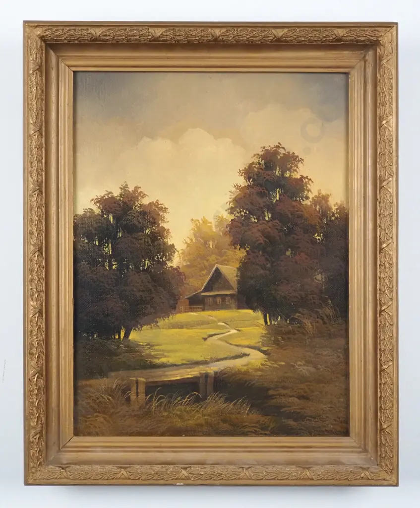 Unsigned. Early Colonial Scene with Cottage. Oil On Canvas. Image 1++