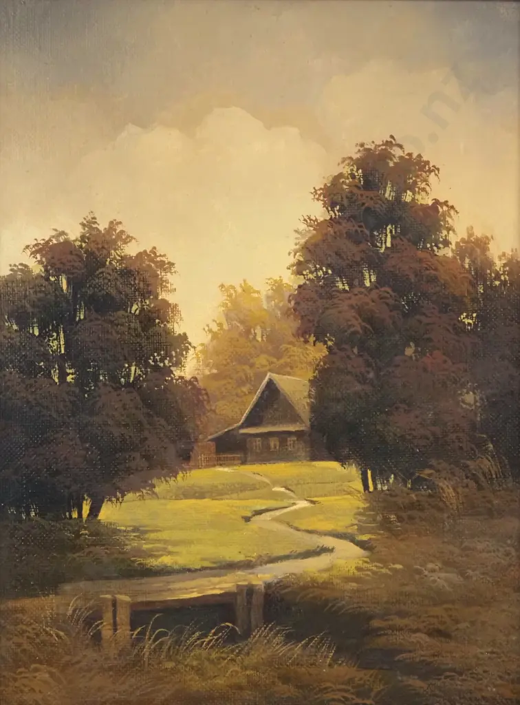 Unsigned. Early Colonial Scene with Cottage. Oil On Canvas. Image 1++