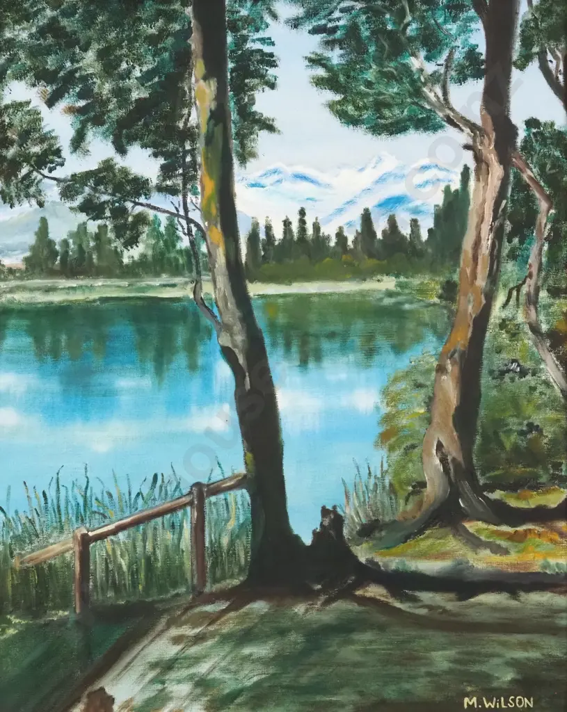M Wilson 1981. Lake Mapourika, Westland. Acrylic on Board. Image 1++