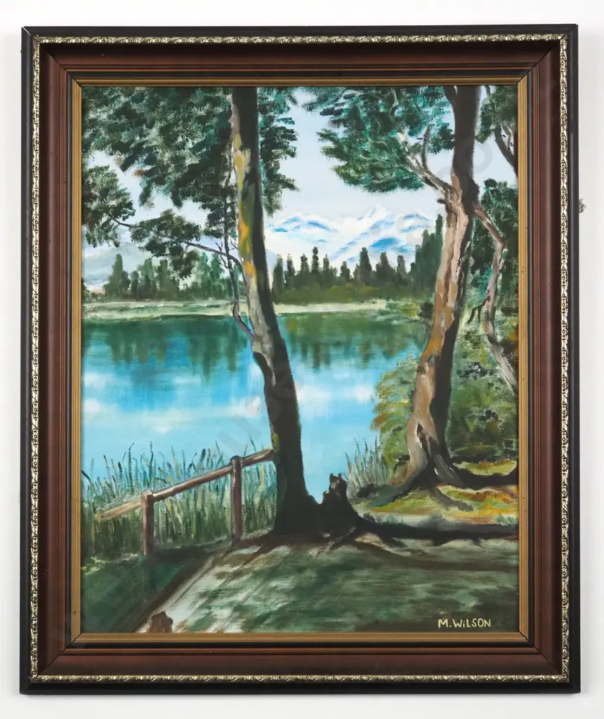 M Wilson 1981. Lake Mapourika, Westland. Acrylic on Board. Image 1++