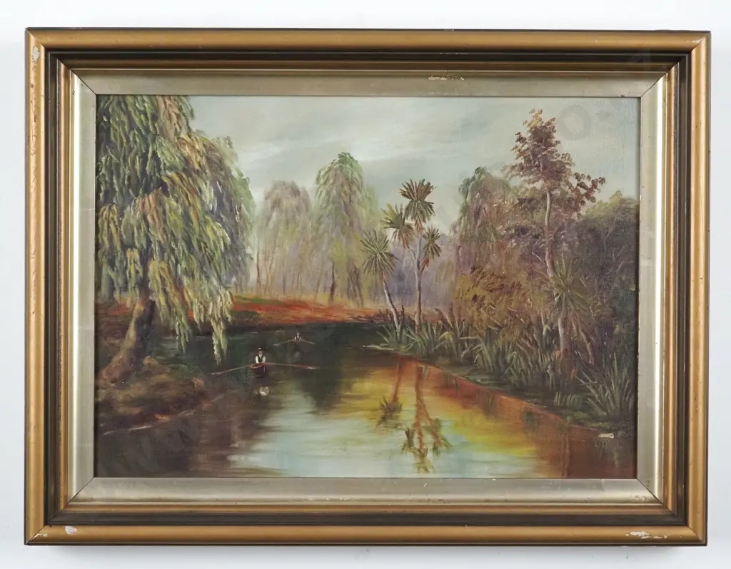 Early Colonial Scene. River Scene w Two Rowers. Oil on Canvas. Image 1++