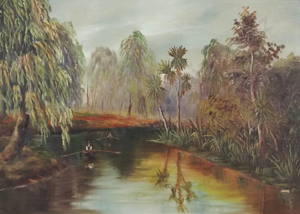 Early Colonial Scene. River Scene w Two Rowers. Oil on Canvas. Image 1++