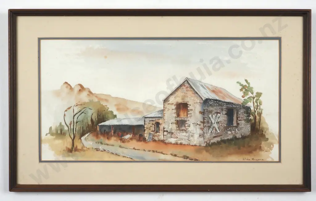 Hilda Rivers. Farm Buildings. Watercolour Image 1++