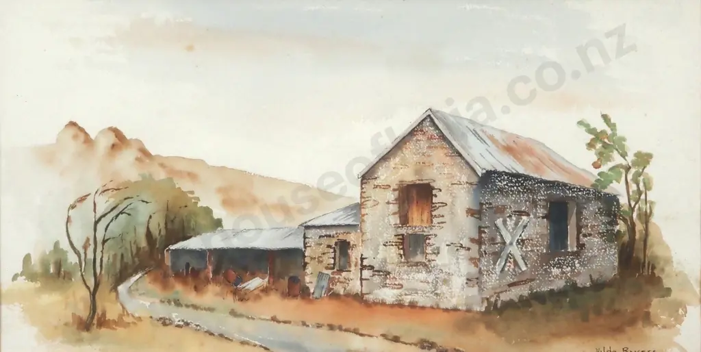 Hilda Rivers. Farm Buildings. Watercolour Image 1++