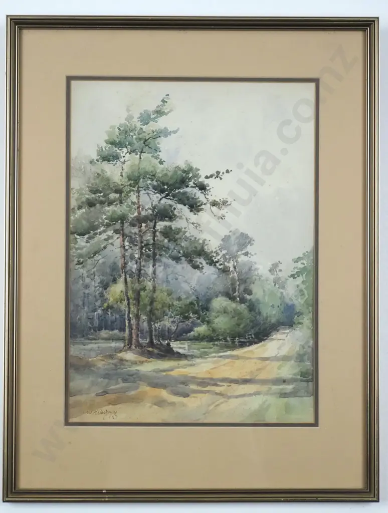Geo H. Downing. Landscape - Majestic Trees Beside country Road. Watercolour. Image 1++