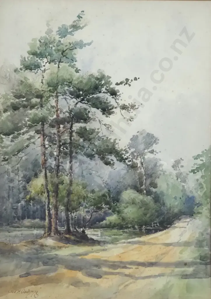 Geo H. Downing. Landscape - Majestic Trees Beside country Road. Watercolour. Image 1++