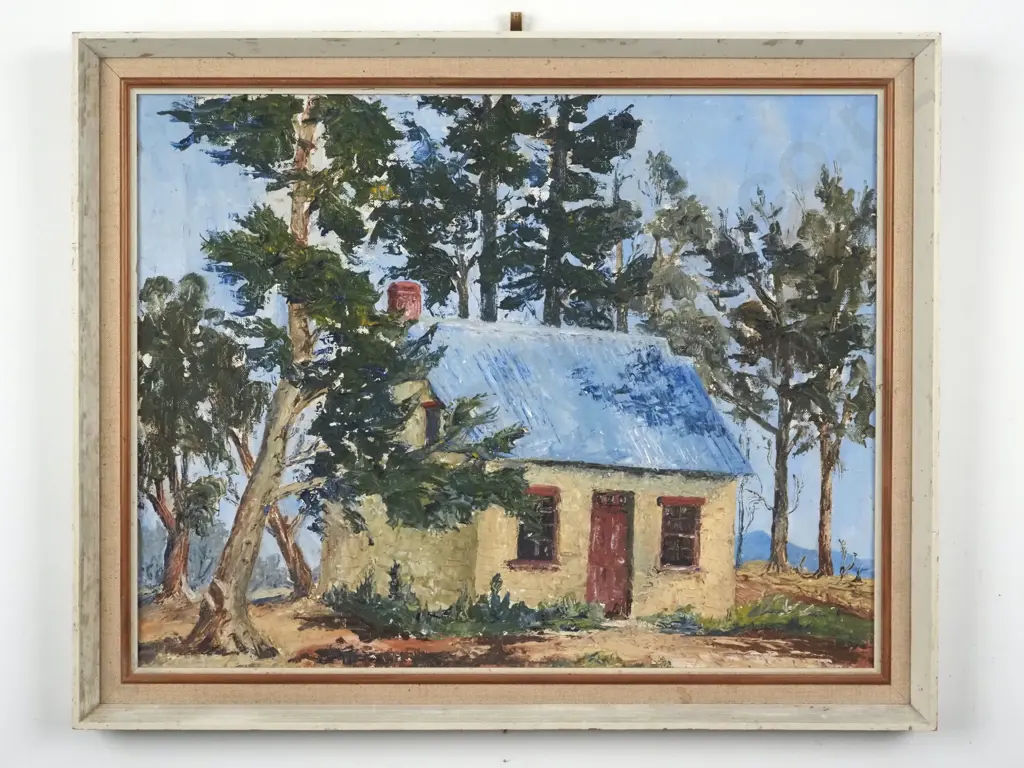 Joan Tinniswood.  Sod Cottage, Loburn. Oil on Board. Image 1++
