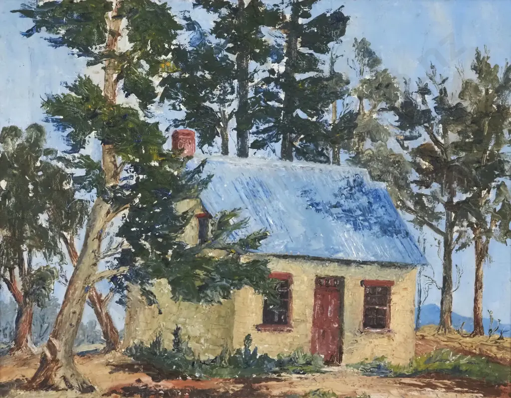 Joan Tinniswood.  Sod Cottage, Loburn. Oil on Board. Image 1++