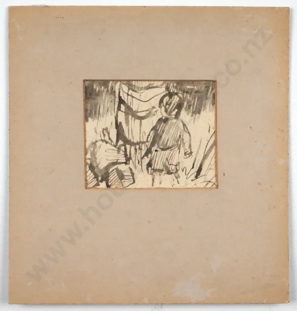 J Kelman. Boy In Farmyard.  Monochrome Watercolour. Image 1++