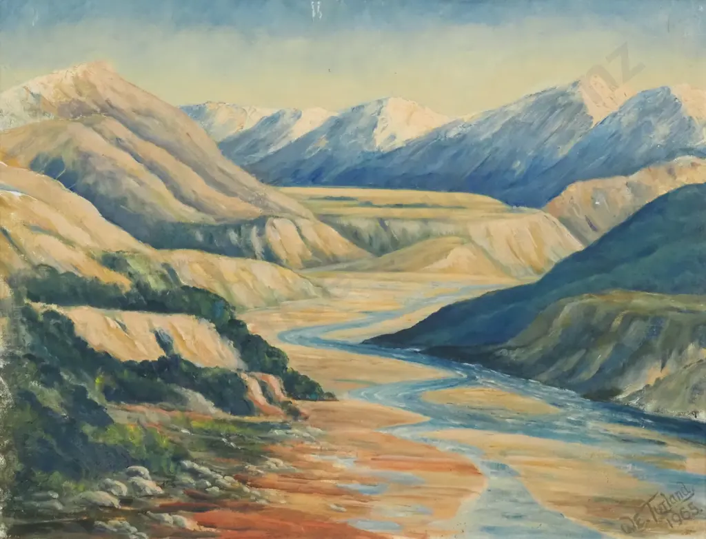 W.E Turland. 1965. On the Lewis Pass. Oil on Board. Image 1++