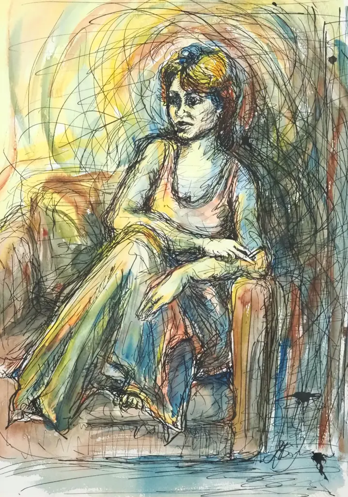 Seated Girl. Watercolour & Pen. Image 1++