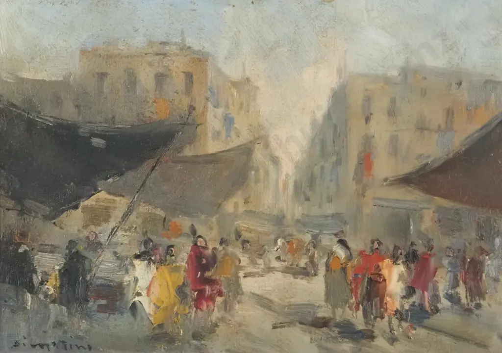 Di Matino (Possibly). Market Scene. Oil on Board. Image 1++