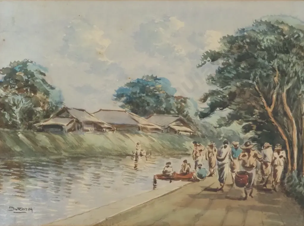 Suratin. Asian River Scene. Watercolour. Image 1++