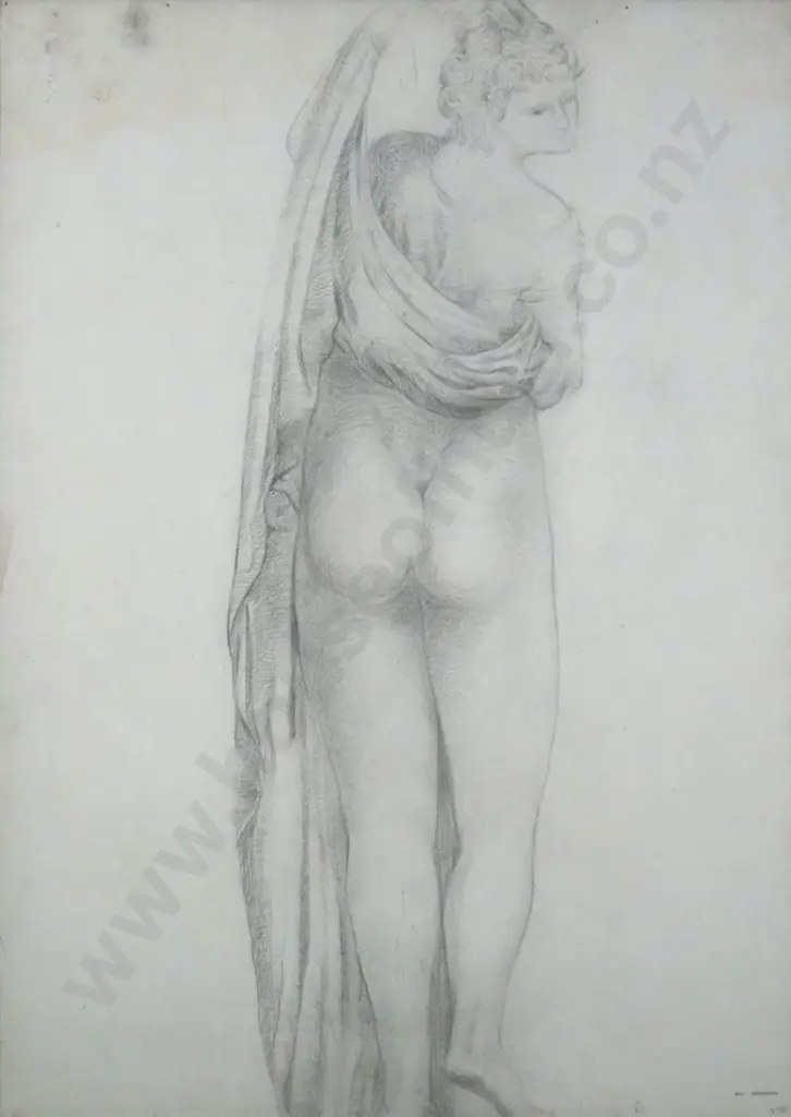 Very Large Signed Pencil Sketch: Nude with Drapery. Image 1++