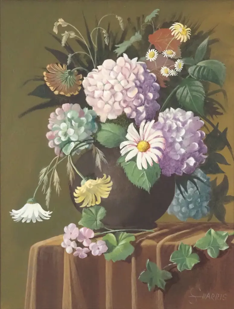 S Harris. Still Life - Flowers. Oil On Board. Image 1++