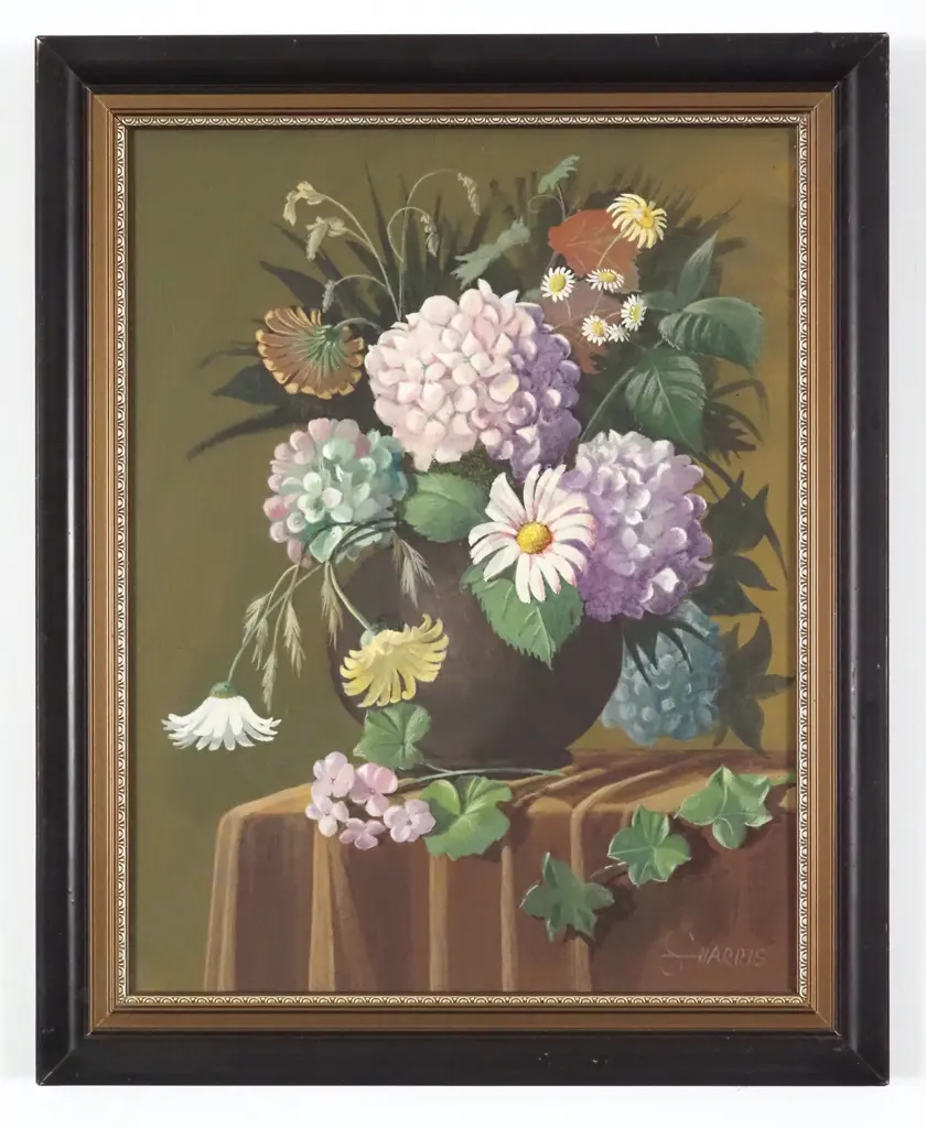 S Harris. Still Life - Flowers. Oil On Board. Image 1++