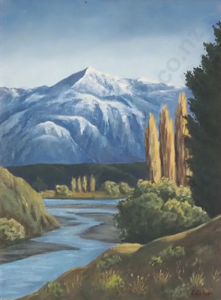 Evelyn Baker. 1984. Coronet Peak & Shotover River. Oil on Board. Image 1++